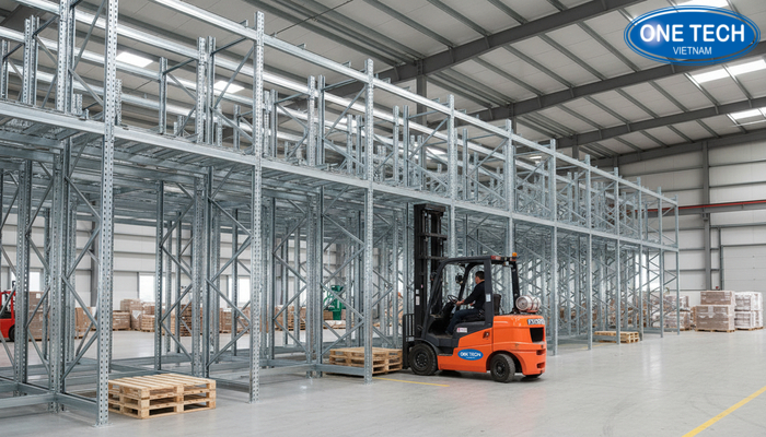 Minh họa khoảng hở vận hành xe nâng trong kệ drive in