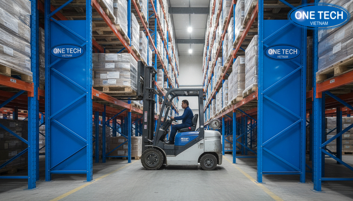 Minh họa xe nâng vận hành trong đường hầm kệ drive in