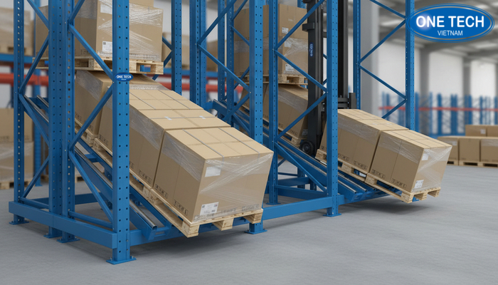 Mô phỏng nguyên lý hoạt động kệ Push Back với pallet trượt trên ray