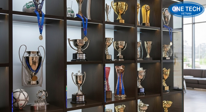 Mẫu kệ trưng bày cúp kính gỗ thực tế tại không gian trưng bày