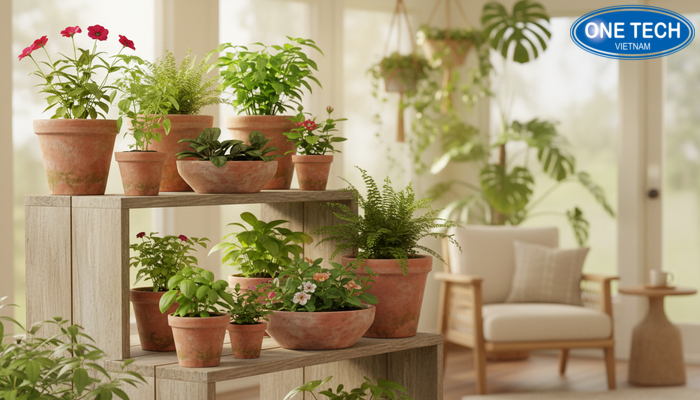 Kệ trưng bày cây cảnh phong cách rustic Kệ gỗ phong cách rustic phối chậu đất nung và cây lá