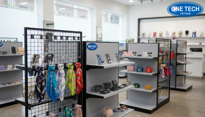 Kệ siêu thị Lâm Đồng OneTech trưng bày mẫu kệ móc treo phụ kiện để khách xem thực tế