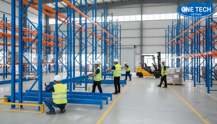 Quy trình thi công kệ selective an toàn chuyên nghiệp Đội ngũ kỹ thuật OneTech tiến hành lắp đặt kệ selective