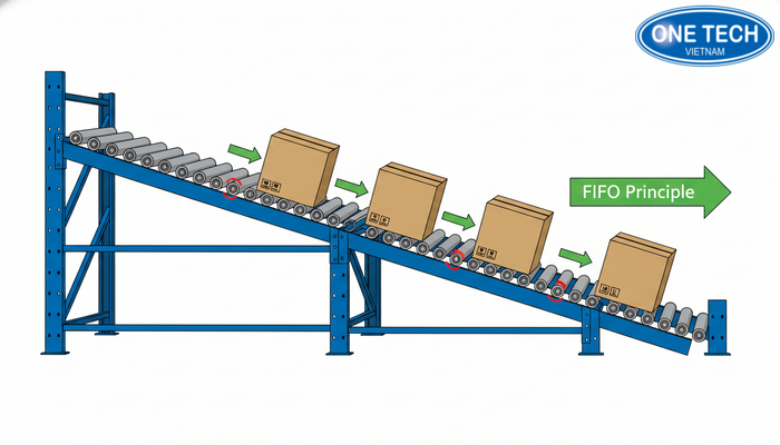 Nguyên lý hoạt động kệ con lăn Sơ đồ nguyên lý hàng tự lăn trên kệ con lăn theo độ dốc và trọng lực