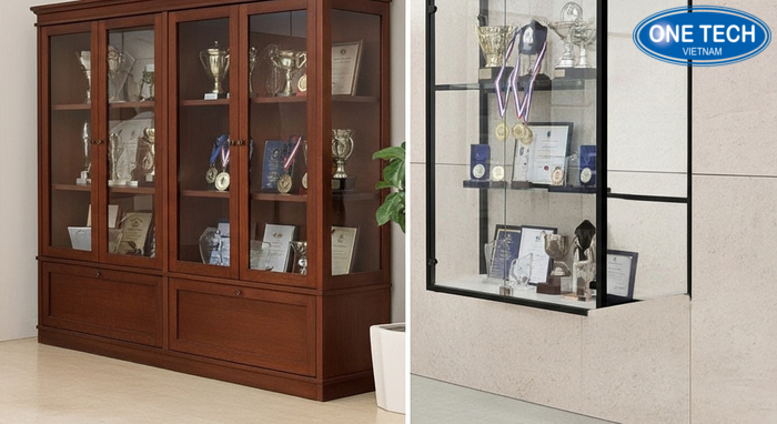 So sánh chất liệu kính gỗ và khung sắt cho tủ kệ trưng bày huy chương bằng khen