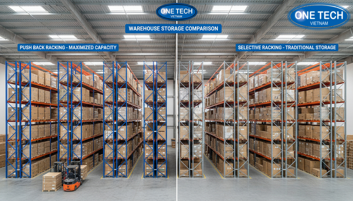 So sánh diện tích lưu trữ của kệ Push Back và kệ truyền thống trên cùng mặt sàn