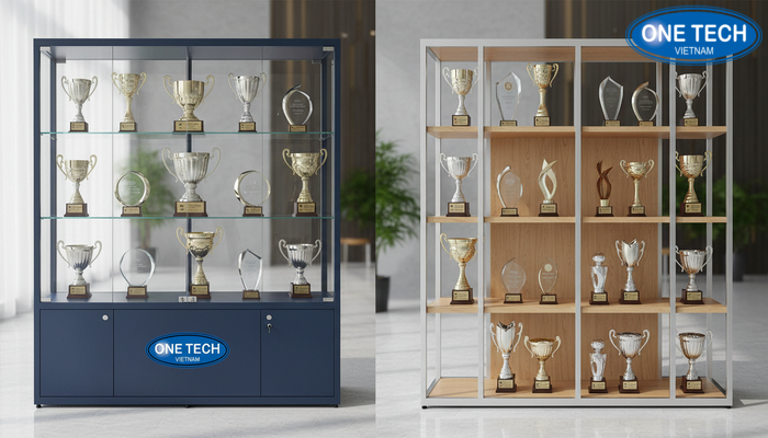 So sánh kệ trưng bày cúp có cửa kính khóa và kệ mở