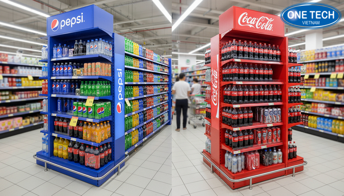 So sánh kệ quảng cáo Pepsi, Coca So sánh kệ quảng cáo Pepsi và Coca với nhiều kiểu dáng tại siêu thị
