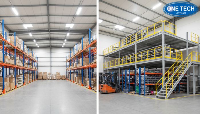 So sánh kho trước và sau khi lắp kệ sàn Mezzanine để tăng diện tích lưu trữ