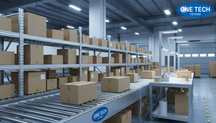 Kệ con lăn tại xưởng đóng gói Kệ con lăn đặt cạnh khu đóng gói để cấp phát thùng carton nhanh theo FIFO