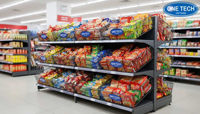 Kệ rổ mì dùng để trưng bày bánh kẹo và bim bim gọn gàng