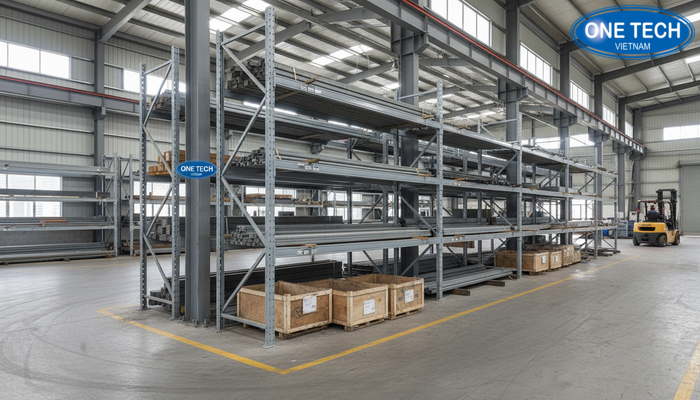 Ứng dụng kệ tay đỡ cho ống thép Kho lưu trữ ống thép sử dụng kệ tay đỡ