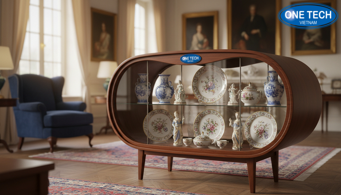 Tủ kệ gỗ bày đồ sứ trong phòng khách tạo điểm nhấn sang trọng