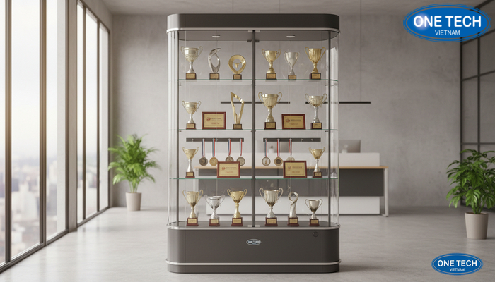 Tủ kính nhiều ngăn dùng làm kệ trưng bày cúp và huy chương