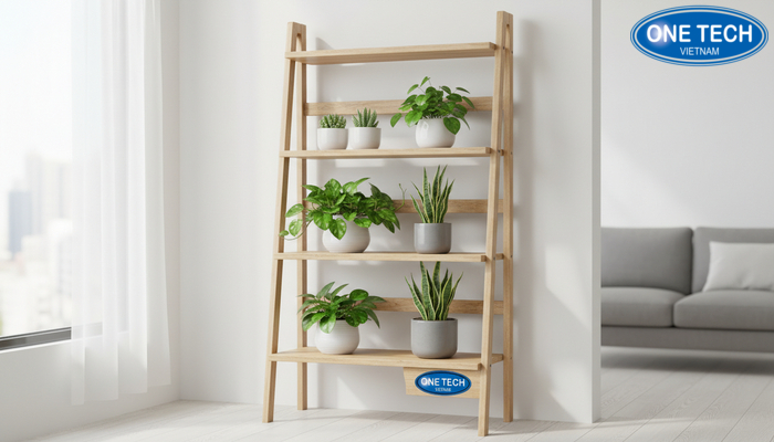 Xu hướng kệ trưng bày cây cảnh 2026 Xu hướng kệ bậc thang gỗ tự nhiên tối giản trưng bày cây