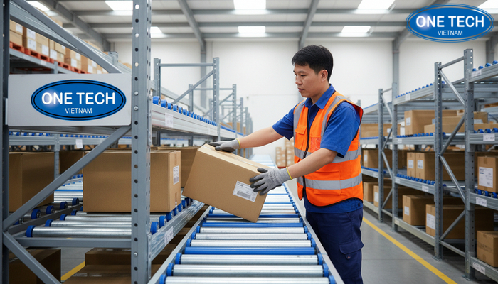 Cách xử lý kẹt hàng trên kệ con lăn Minh họa thao tác xử lý hàng bị kẹt trên kệ con lăn theo quy trình an toàn