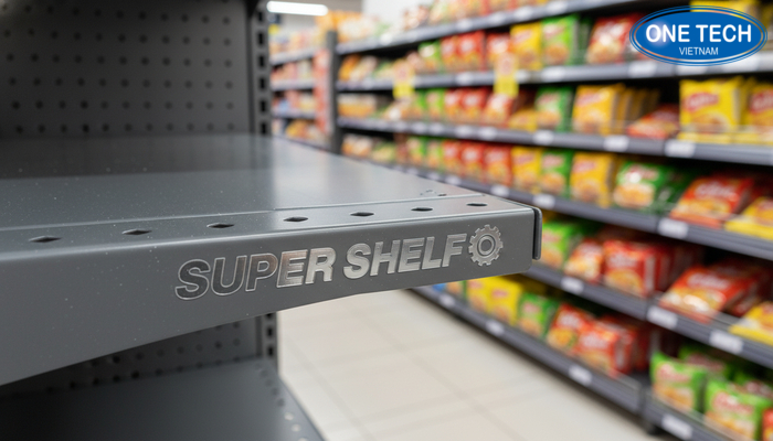 Cận cảnh chất liệu thép sơn tĩnh điện của kệ trưng bày mì tôm