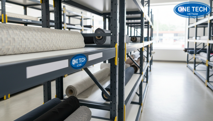 Chi tiết kết cấu kệ để vải cuộn chịu lực, chặn chống lăn và vị trí tem nhãn