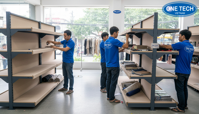 Đội ngũ kỹ thuật lắp đặt kệ trưng bày vải tại Lâm Đồng