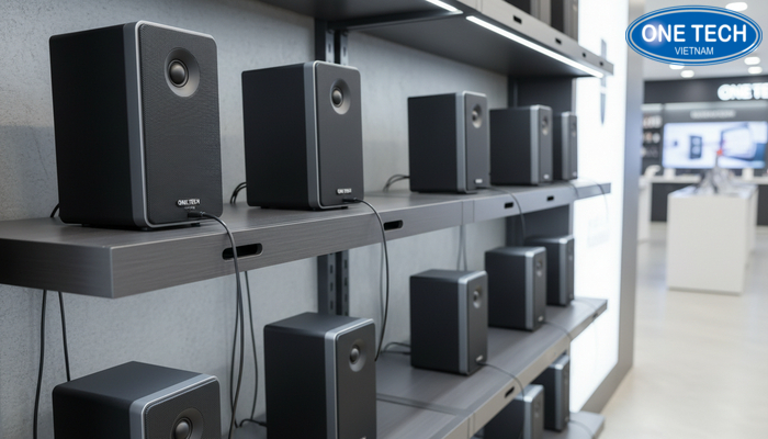 Hệ thống lỗ luồn dây và rãnh đi dây giúp kệ trưng bày loa gọn gàng