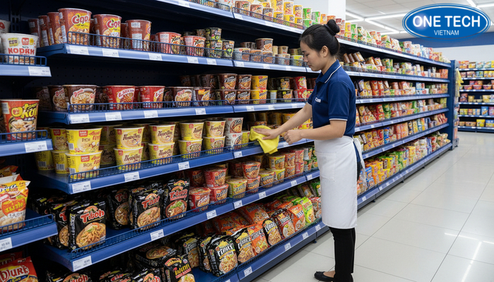 Hướng dẫn vệ sinh kệ trưng bày mì tôm định kỳ, giữ bề mặt luôn sạch