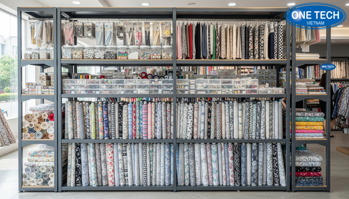 Kệ đa năng trưng bày vải và phụ kiện ngành may trong cùng một khu vực