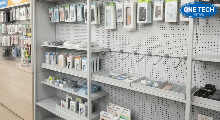 Kệ đa tầng kết hợp móc treo trưng bày phụ kiện điện thoại và hàng nhỏ