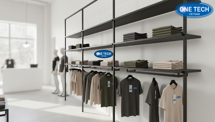 Kệ trưng bày thời trang hiện đại tối giản Kệ decor hiện đại tối giản với khung sắt và mảng tường sáng