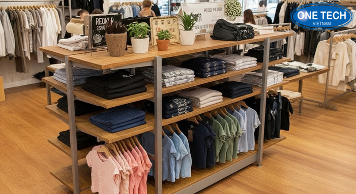 Kệ trưng bày shop quần áo phong cách rustic Kệ trưng bày kết hợp decor phong cách rustic trong shop
