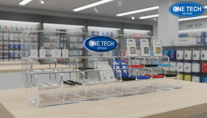 Kệ mica chia ô cho phụ kiện nhỏ như đầu chuyển, sim, dây đeo