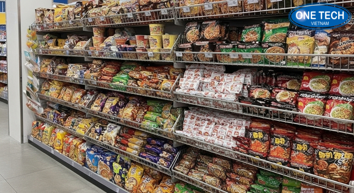 Kệ rổ trưng bày mì tôm và snack tại khu khuyến mãi