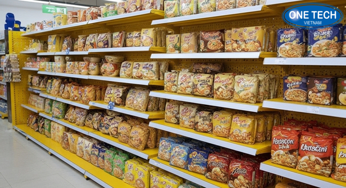 Kệ tầng trưng bày mì tôm theo thương hiệu, dễ so sánh và lấy hàng