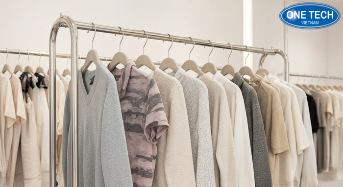Kệ treo quần áo inox cho shop thời trang Kệ treo quần áo inox sáng bóng, thanh lịch