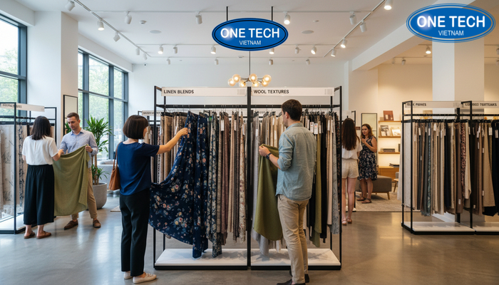 Kệ treo vải đẹp trong showroom giúp khách dễ chọn màu và hoa văn