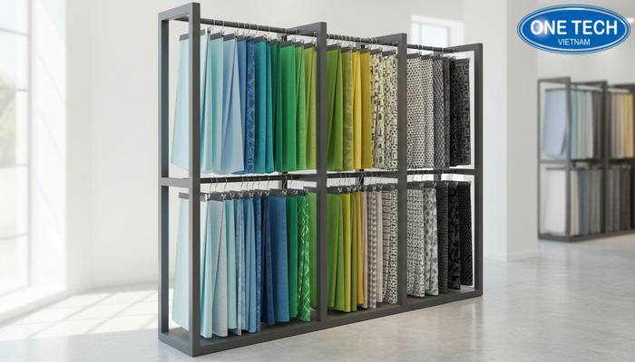 Kệ treo vải đẹp trưng bày mẫu vải theo tông màu
