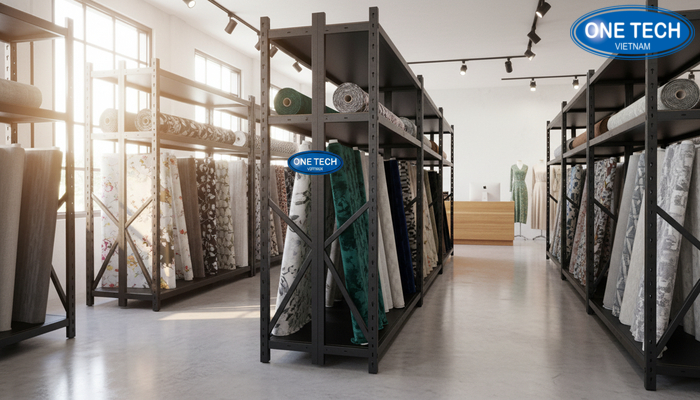 Kệ treo vải trong showroom giúp khách xem hoa văn rõ hơn