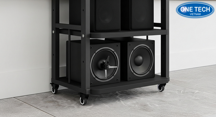 Kệ trưng bày loa có bánh xe và khóa an toàn, dễ di chuyển