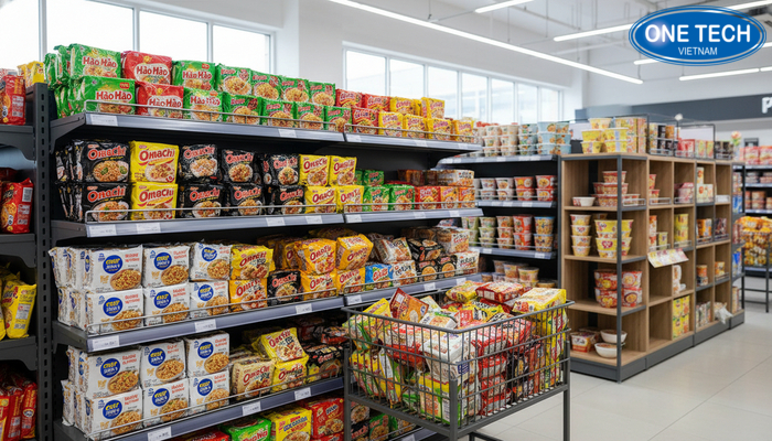 Phân loại kệ trưng bày mì tôm phổ biến gồm kệ tầng, kệ rổ, kệ module
