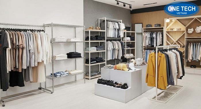 Mẫu kệ trưng bày shop quần áo giá rẻ và bền đẹp Ví dụ kệ trưng bày thực tế tại OneTech dùng cho shop quần áo