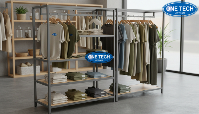 Xu hướng kệ trưng bày shop quần áo bền vững Mẫu kệ trưng bày ưu tiên vật liệu bền vững và dễ tái sử dụng