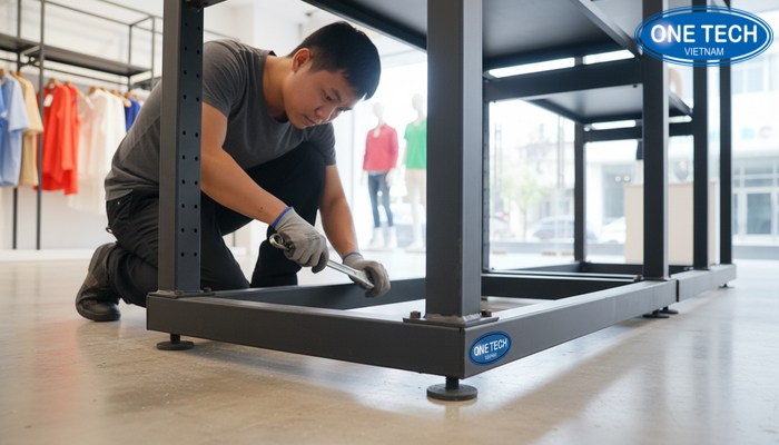 Bảo trì kệ trưng bày thời trang định kỳ Kiểm tra ốc vít và chân đế để kệ chắc chắn, không rung