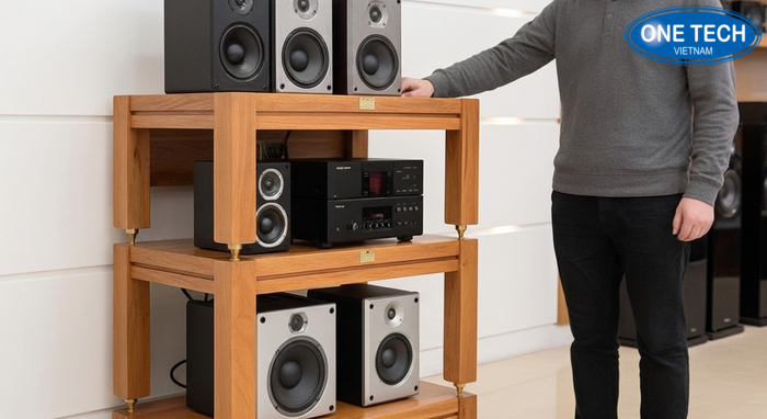 Kiểm tra tải trọng và độ vững của kệ trưng bày loa khi xem thực tế