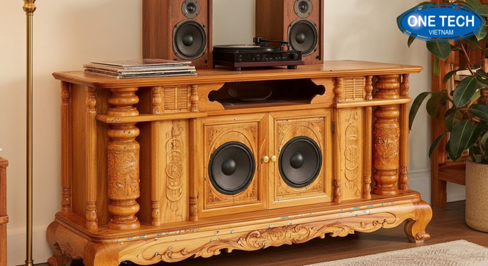 Mẫu kệ trưng bày loa gỗ tự nhiên phong cách ấm và cổ điển