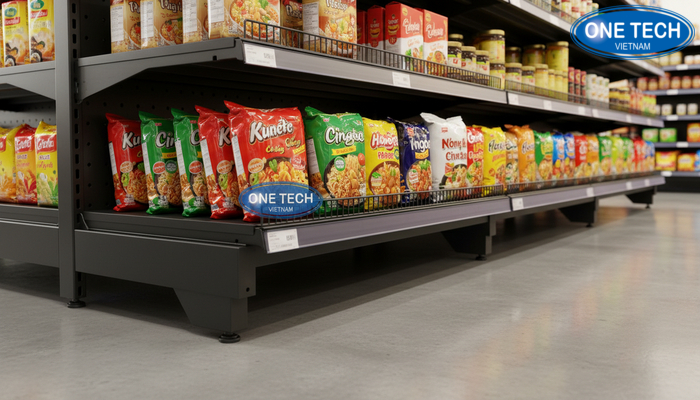 Nẹp chặn hàng và chân đế giúp kệ trưng bày mì tôm ổn định