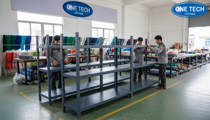 Hình ảnh nhà xưởng sản xuất kệ trưng bày vải của OneTech Group