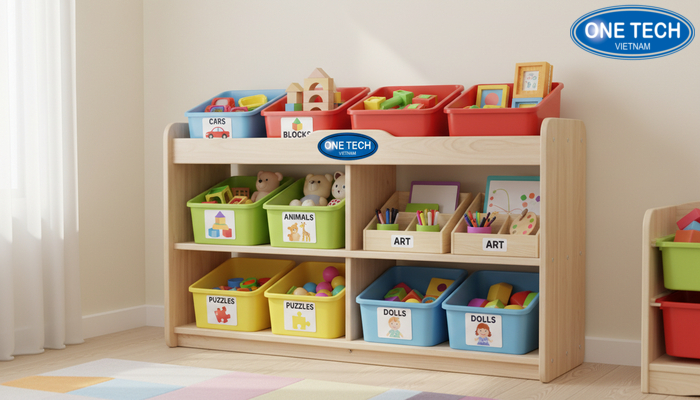 Cách sắp xếp đồ chơi khoa học trên kệ Sắp xếp đồ chơi theo nhóm và dán nhãn để bé dễ cất