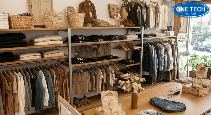 Kệ trưng bày thời trang phong cách vintage rustic Kệ gỗ decor phong cách vintage trong shop quần áo