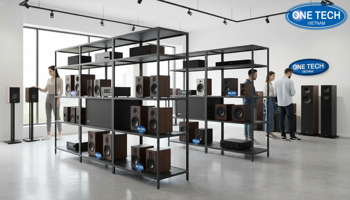 Khu vực trưng bày mẫu kệ trưng bày loa để khách xem trực tiếp