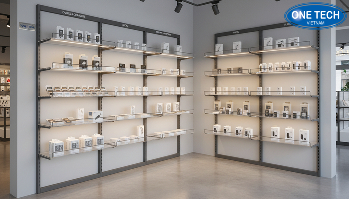 Sơ đồ tối ưu không gian trưng bày phụ kiện bằng kệ treo và kệ mica