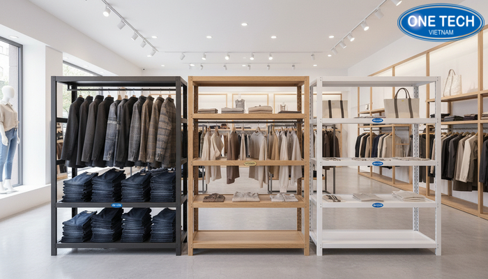 So sánh chất liệu kệ trưng bày shop quần áo So sánh kệ kim loại, kệ gỗ và kệ nhựa về thẩm mỹ và độ bền